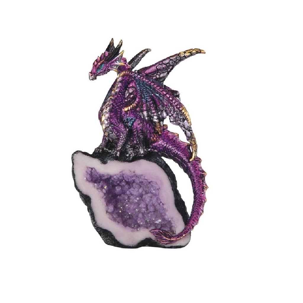 Q-Max 5.5"H Purple Dragon Guarding Crystal Cave Statue Fantasy Decoration Figurine