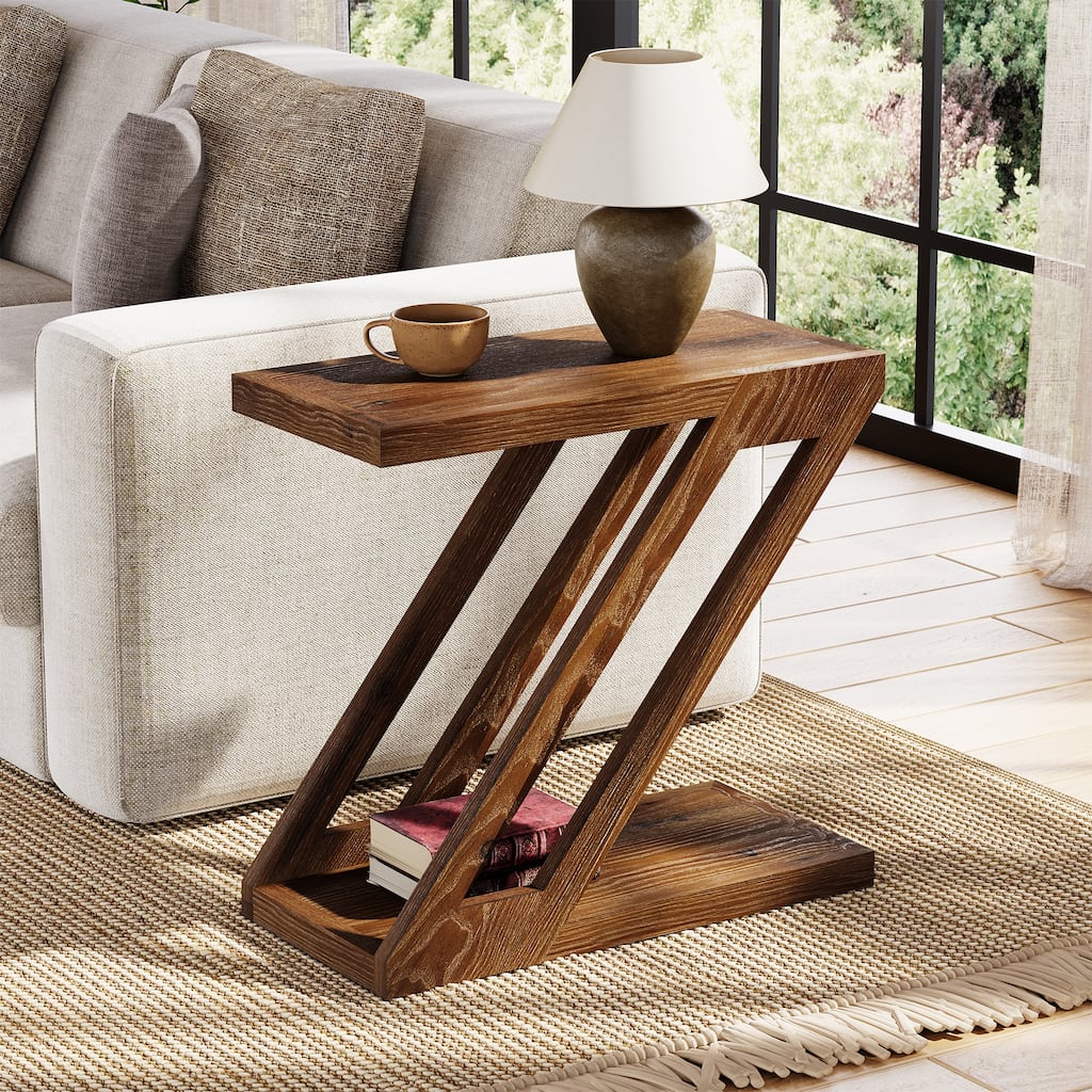 2-Tier Solid Wood Side Table, Accent Nightstand End Table for Living Room, Bedroom