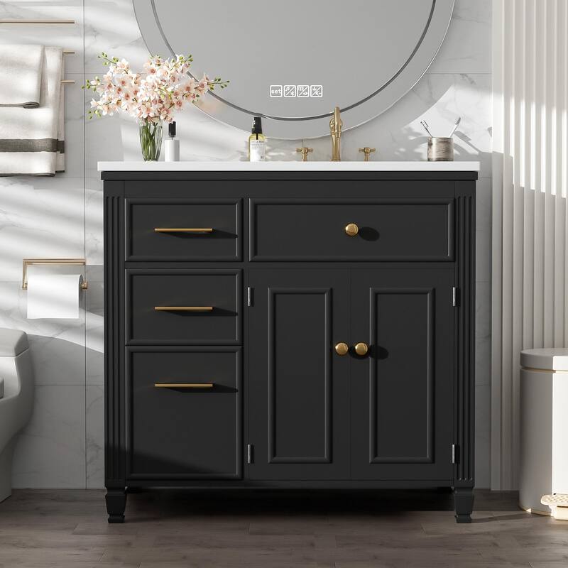 36" Bathroom Vanity with Sink, Ceramic Sink, One Tip-out Drawer, 3 Side Drawers - Black
