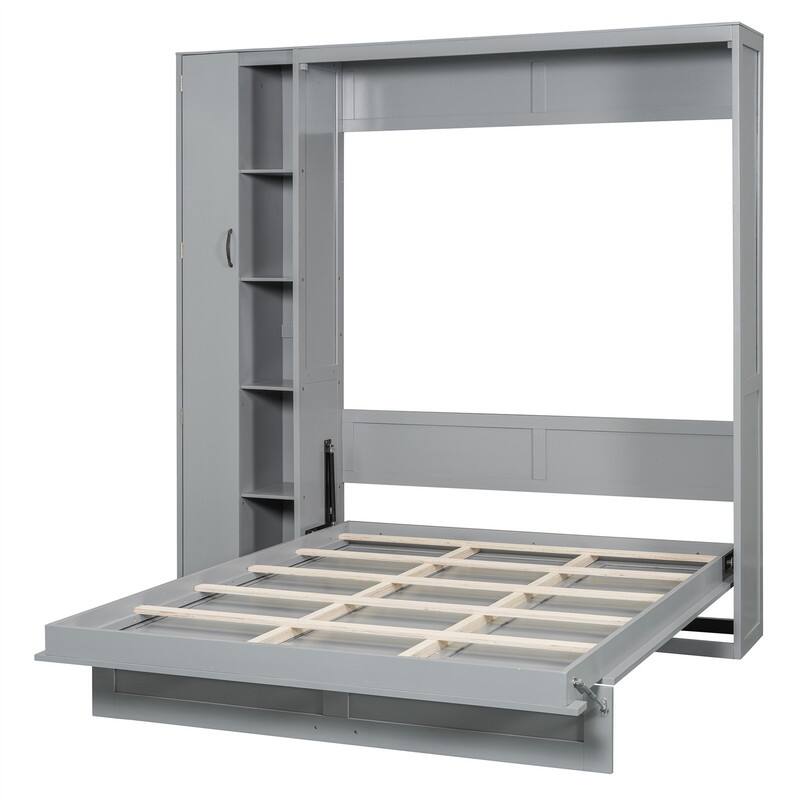Full/Queen Size Murphy Bed Wall Bed with LED Lights and Storage Cabinet, Foldable Murphy Cabinet Bed with Open Storage Shelves