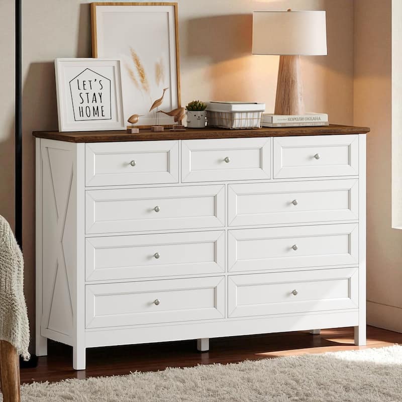 Rustic Wood 9-Drawer Dresser, Pine & MDF Chest with Silver Handles, Storage Organizer for Bedroom
