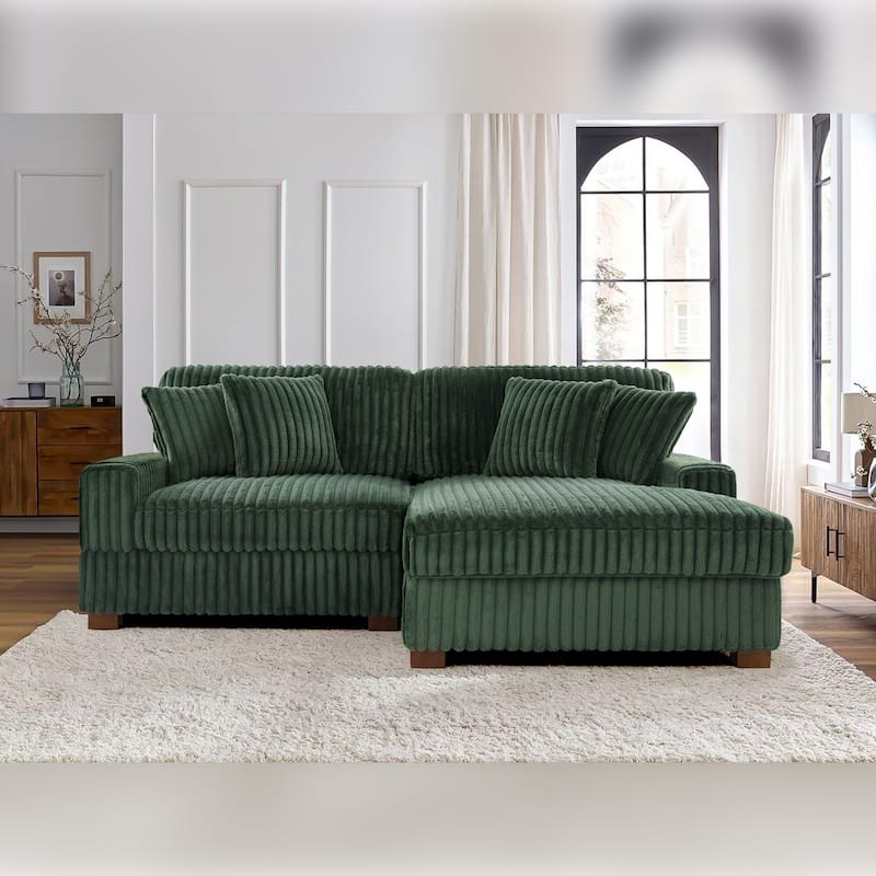 Anne 82" W Comfy Upholstered Plush Corduroy Modular Sectional Sofa - Green - Right Facing