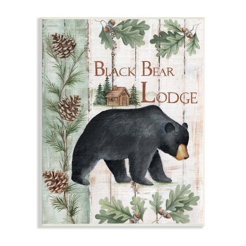 Stupell Black Bear Lodge Rustic Cabin Botanicals Sign Wood Wall Art, Design by Emma Leach - Multi-Color - 10 x 15