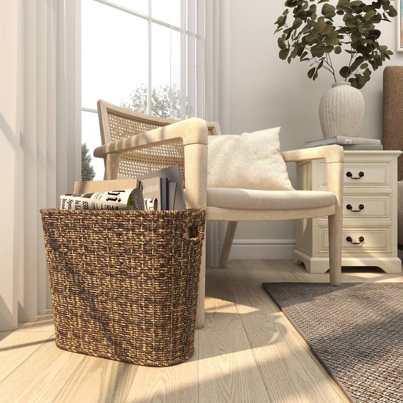 Brown Seagrass Handmade Woven Single Slot Magazine Holder with Light Brown Accents