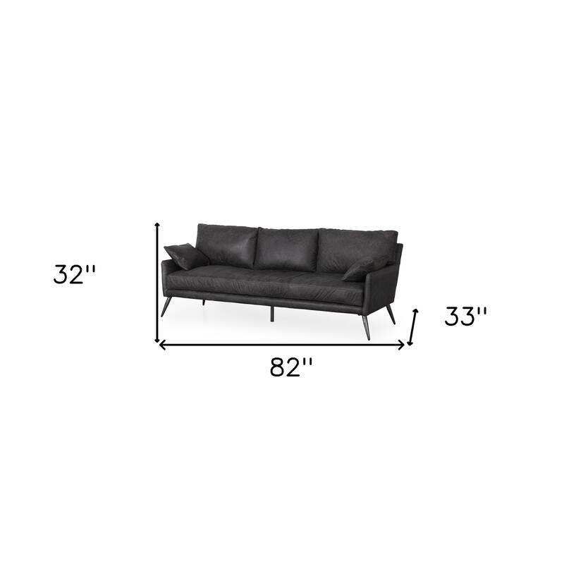 HomeRoots 82" Black Leather Sofa With Toss Pillows
