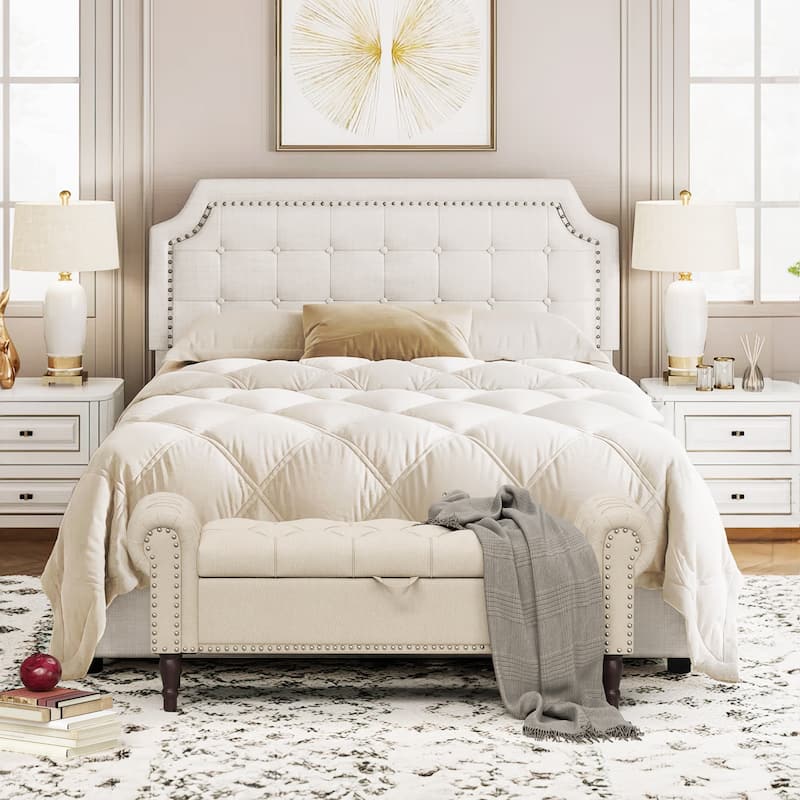 Modern Velvet Upholstered Storage Bench with Silver Nailhead Trim