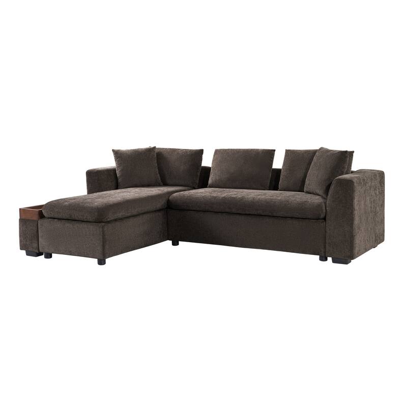 L-Shaped Sectional Sofa with Chaise Lounge, Chenille Upholstered Sleeper Couch with Wooden Storage Compartment & Throw Pillows