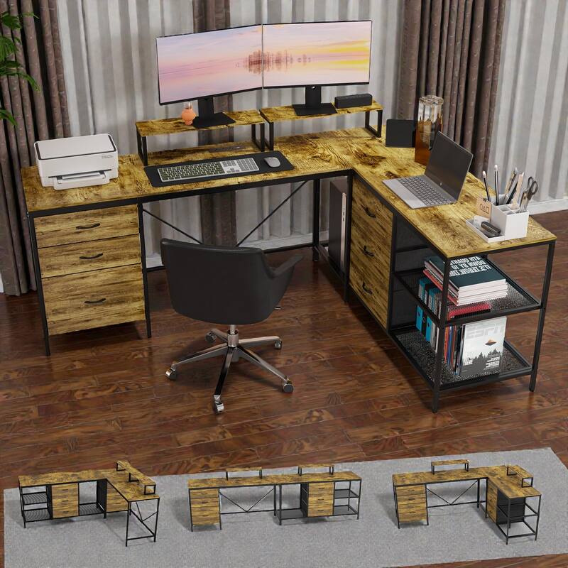 114 Inch L Shaped Desk with Power Outlets and USB C, Industrial Corner Computer Desk with Drawers Shelves