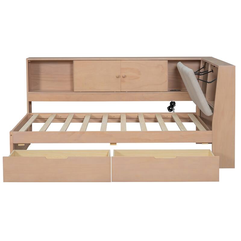 L-shaped Daybed Wooden Corner Sofa Bed Frame with Sliding Doors Bookcase Captains Bed, Upholstered Headboard Built-in Storage