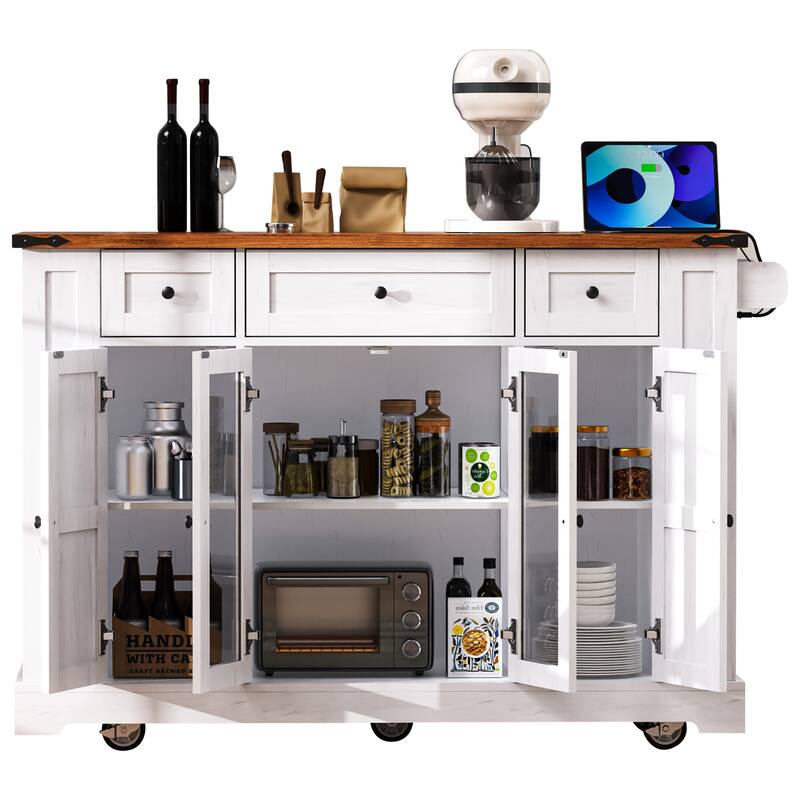 Kitchen Island with Two Tempered Glass Cabinet Doors and Power Outlet, Rolling Storage Cabinet with Drop Leaf, Open Side Racks