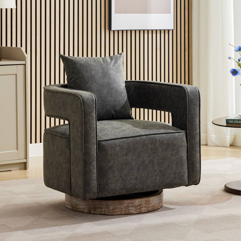 Modern Swivel Chair,PU leather Barrel Chair with Wooden Base and pillow - Gray