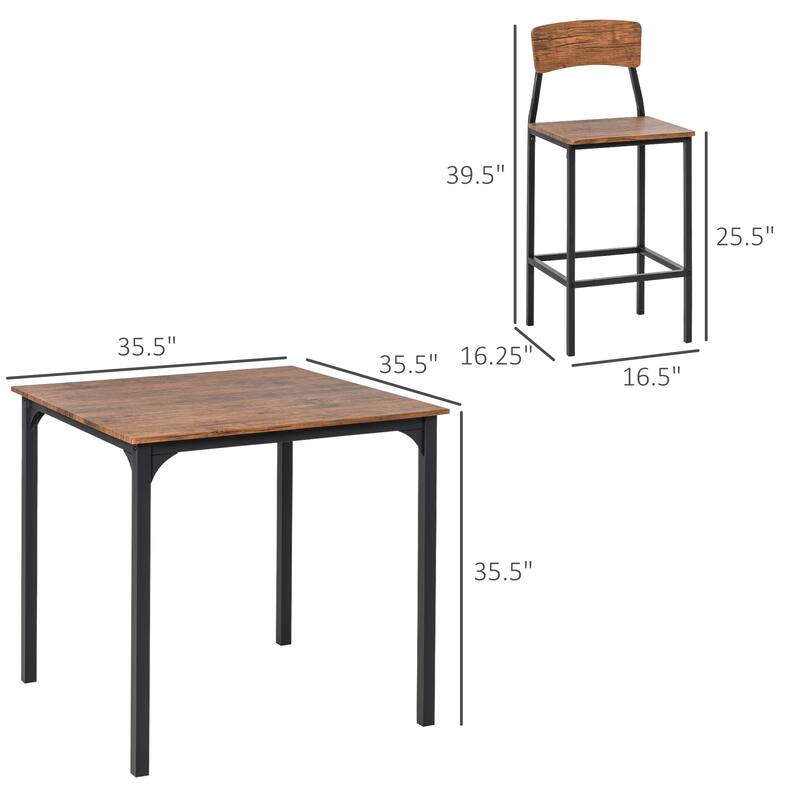Industrial 5-Piece Bar Table Set with Pub Table and 4 Bar Stools, Walnut Bistro Table Set with Steel Legs