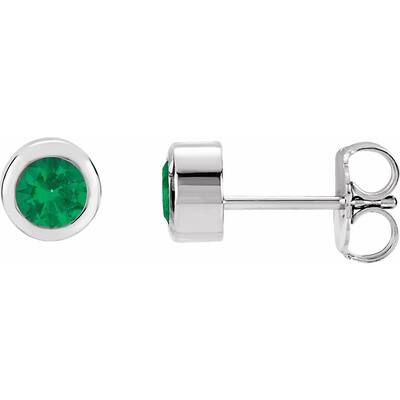 Rhodium-Plated 925 Sterling Silver 4 mm Round Imitation Emerald Birthstone Earrings