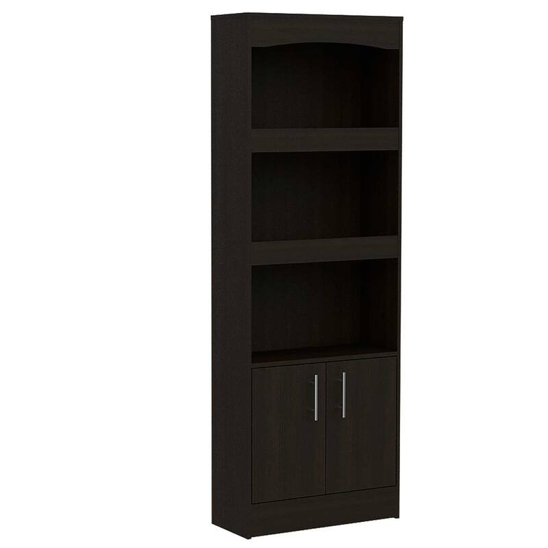 HomeRoots 71" Light Gray Wood Three Tier Bookcase with Two Doors