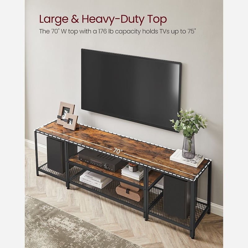 Rustic Brown and Black Industrial TV Stand for TVs up to 75 Inches with Steel Frame and Storage Shelves