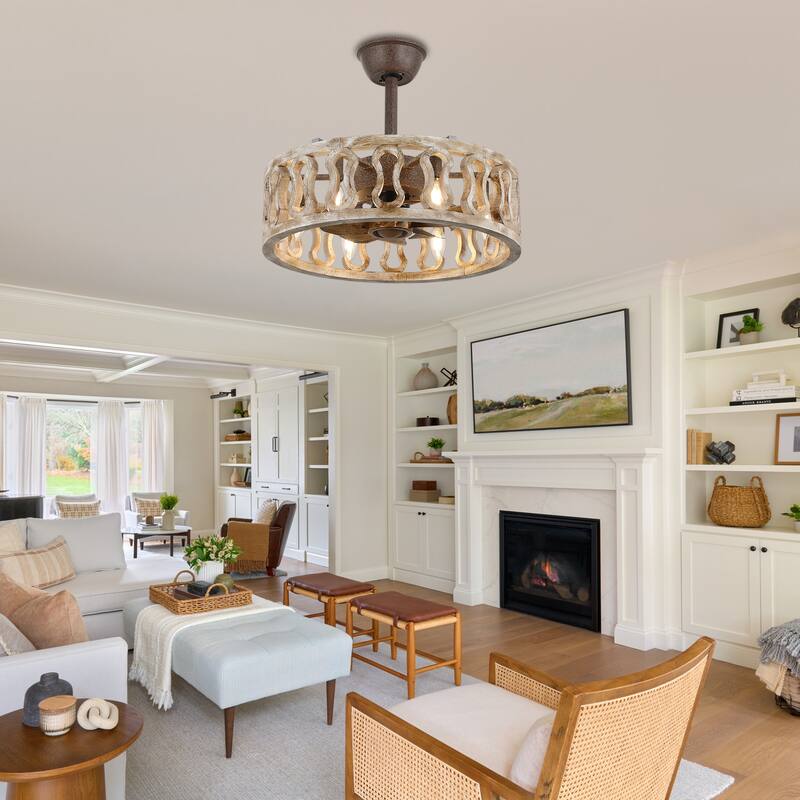 18" Oaks Aura Farmhouse Distressed Wood Caged Ceiling Fan with Lights, 6-Speed Silent Shabby Chic Bladeless Ceiling Fan