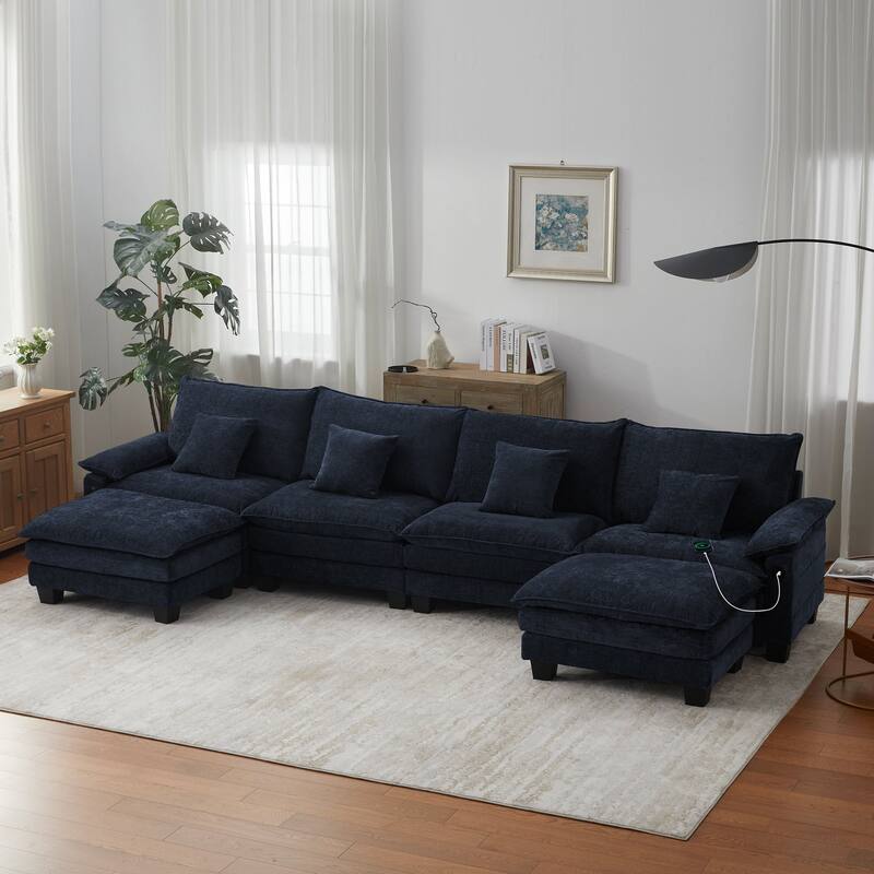 144" Modular Compression Sofa Set Convertible Sectional Sleeper Couch with 2 Ottomans