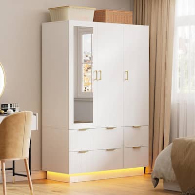Armoire Wardrobe Closet with 3 Door, Mirror and LED Lights, Hanging Rod, Drawers,