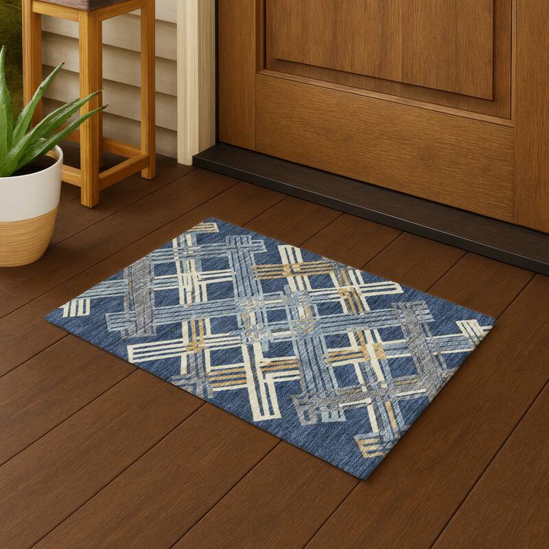 Machine Washable Indoor/ Outdoor Modern Trellis Chantille Rug - Navy - 1'8" x 2'6"