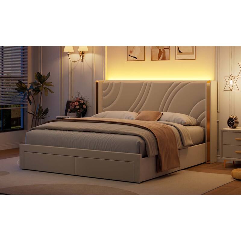 Modern Wingback Bed Frame with Storage Drawers RGB Light