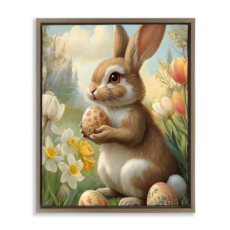 Stupell Easter Bunny with Painted Eggs Framed Floater Canvas Wall Art Design By Franklyn Gregory - 17 x 21 - Brown