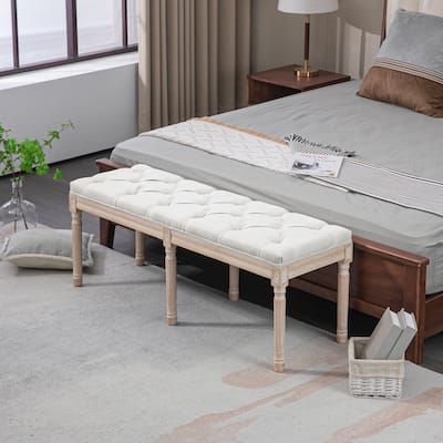Cream White Linen Feel Upholstered Bench with Button Tufted Seat French Vintage Accent End of Bed Entryway or Window Bench