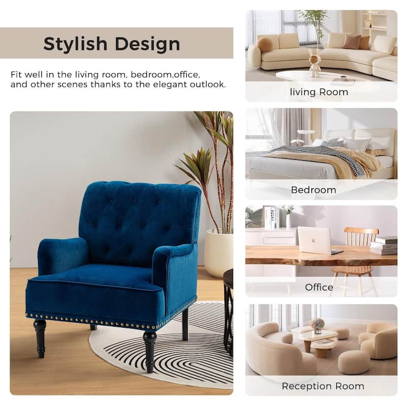 Geltrude Transitional Upholstered Button Tufted Club Chair with turned wooden Legs by HULALA HOME