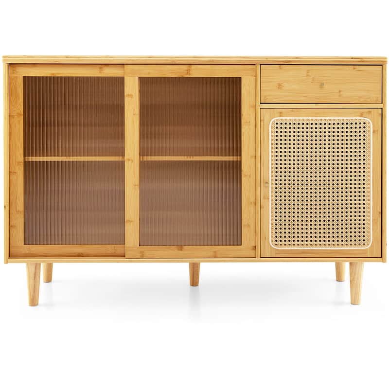 Modern Bamboo Buffet Sideboard Cabinet with Tempered Glass Sliding Doors-Natural - 47" x 14" x 32.5" (L x W x H)
