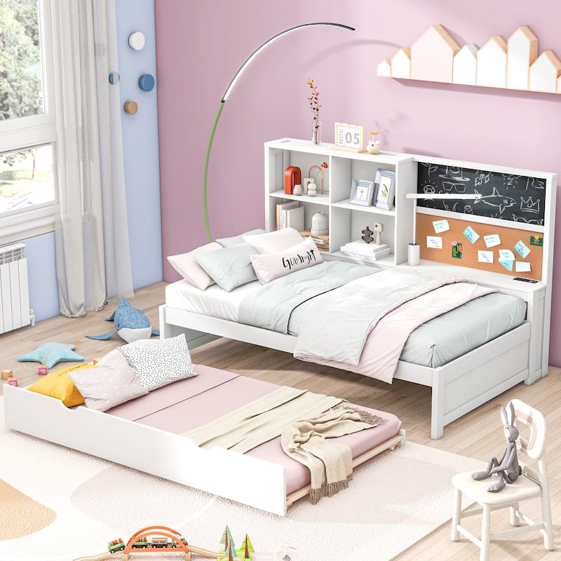 Daybed with Storage Shelves, Blackboard, Cork board, USB Ports and Trundle