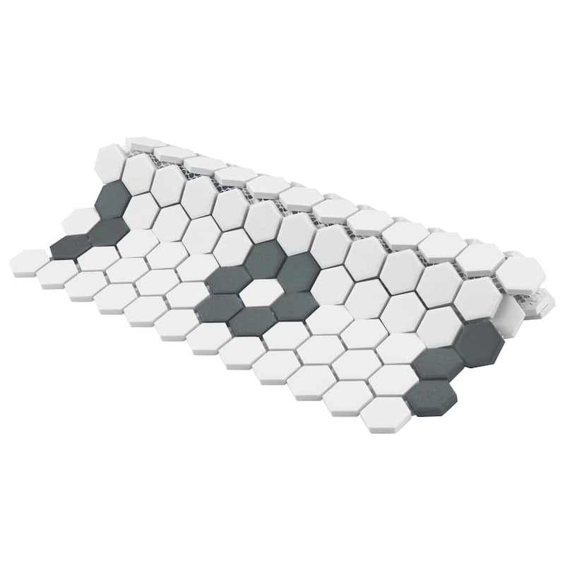 Merola Tile Gotham Hex Series Antique White and Black 10.83 x 11.88 in. Porcelain Mosaic Tile
