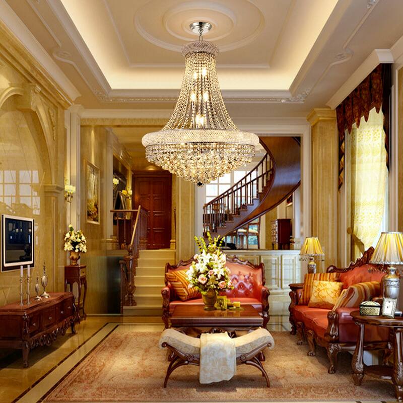 28" Chrome Crystal Chandelier, French Empire Style, 15-Light Fixture w/K9 Crystals for Dining Room or Bedroom
