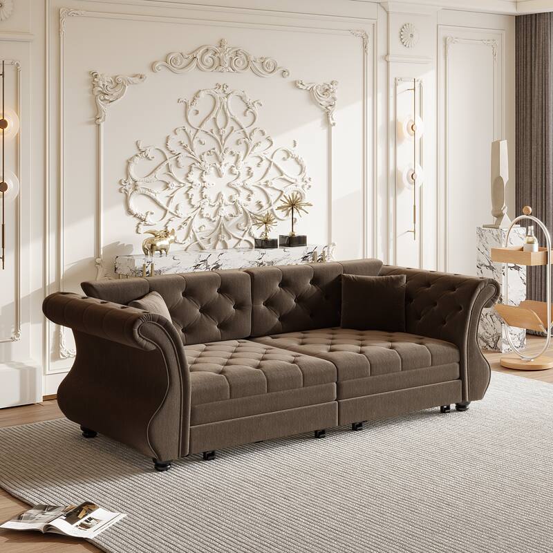 83.8" Chesterfield Velvet Pull-Out Sofa Bed, Classic Roll Arm Sleeper Couch with Elegant Flower Tufting
