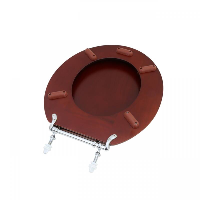 Cherry Finish Wooden Round Toilet Seat with Lid with Chrome Hinges and Non Slip Polymer Bumper Stabilizers