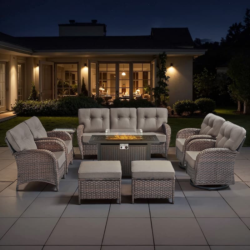 TWrap Wicker Patio Iron Fire Pit Conversation Set with 3-Seat Sofa & Swivel Gliders & Armchairs - Brown/Gray - With 2 Ottomans