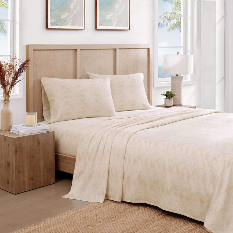 Tommy Bahama Sateen Cotton Printed Sheet Set - All Over Palms Beige - Queen