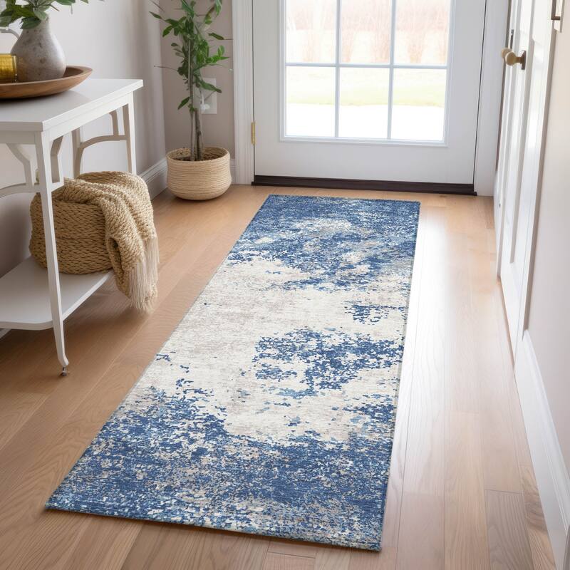 Machine Washable Indoor/ Outdoor Abstract Pixels Chantille Rug - Navy - 2'3" x 7'6"