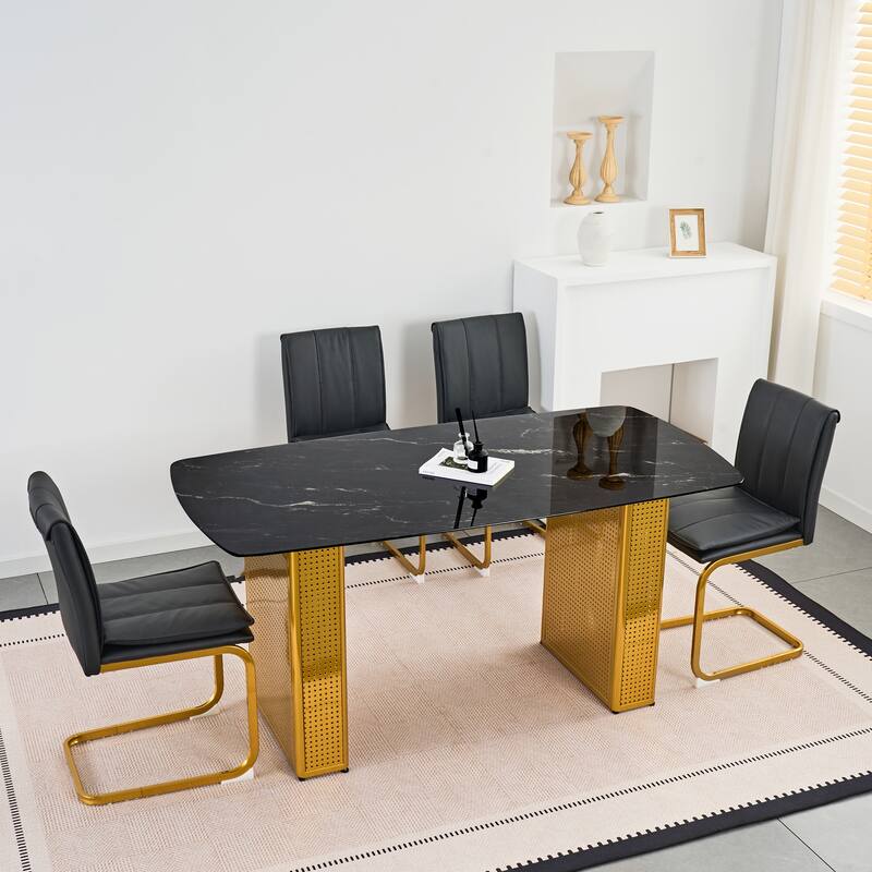 Modern Marble-Patterned Tempered Glass Dining Table, Rectangular Kitchen Table with Dual-Pedestal Metal Base
