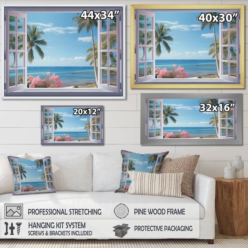 Designart "Tropical Oceanview Through Open White Window" Coastal Wall Decor