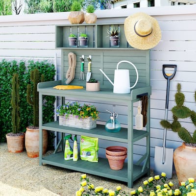 65" Large Wooden Rustic Outdoor Potting Bench Table, Patio Workstation,Garden Potting Bench with 4 Storage Shelves and Side Hook