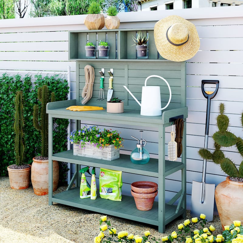 TOPMAX Solid Wood Farmhouse Outdoor Potting Bench with Storage and Side Hook