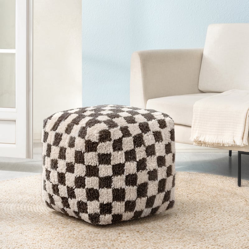 Jani 20-inch Ottoman Pouf - Handcrafted Handmade Ottoman for Seating, Footrest, Home Decor for Living Room, Bedroom - Chocolate /Ivory