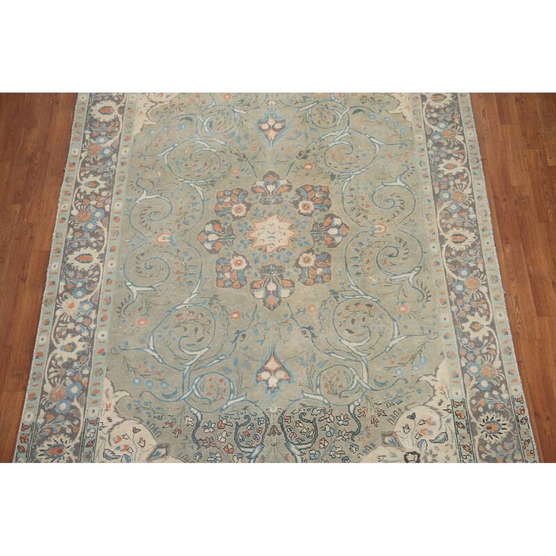 Hand Knotted Oriental 100% Wool Carpet Traditional Floral Green Tabriz Area Rug - 9' 5'' X 6' 2''
