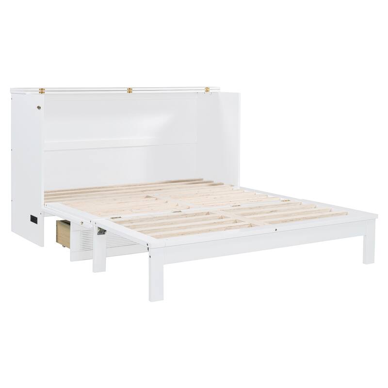 Full/Queen Size Murphy Bed Wall Bed with a Large Storage Drawer, Space Saving Murphy Cabinet Bed w/ a set of Sockets & USB Ports