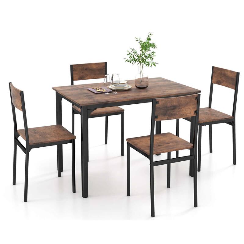 Costway 5 PCS Dining Table Set Industrial Style Kitchen Table & Chairs - Rustic Brown