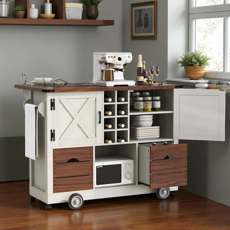 54" Farmhouse Kitchen Island with Drop Leaf, Power Outlet, Storage Cabinets, Drawers, and Rolling Wheels