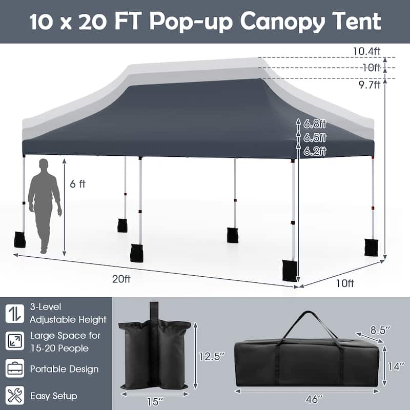 Gymax 10 x 20FT Pop-up Canopy Tent Folding Instant Sun Shelter w/ 3