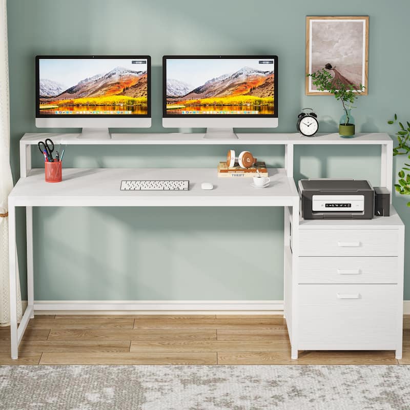 63 Inch Computer Desk with File Drawers, Ergonomic Office Desks with Monitor Stand