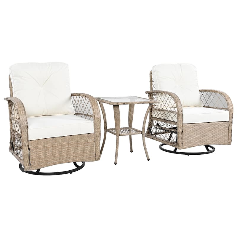 Rattan Patio Set with 2 Swivel Rocking Chairs, Square Table, Set of 3
