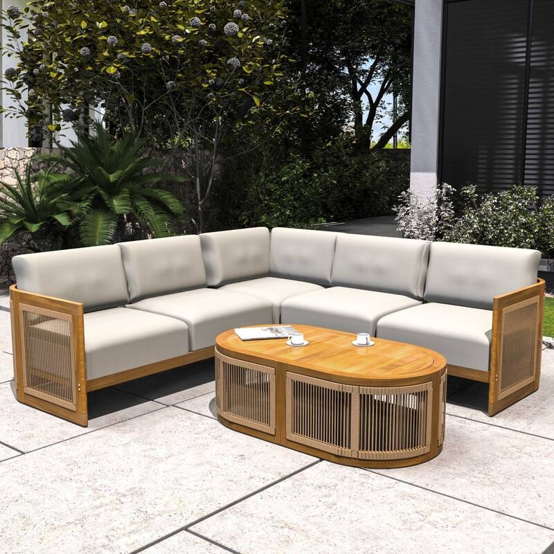 Modern Outdoor Modular Woven Conversation Sofa Set with Acacia Frame and Oval Coffee Table