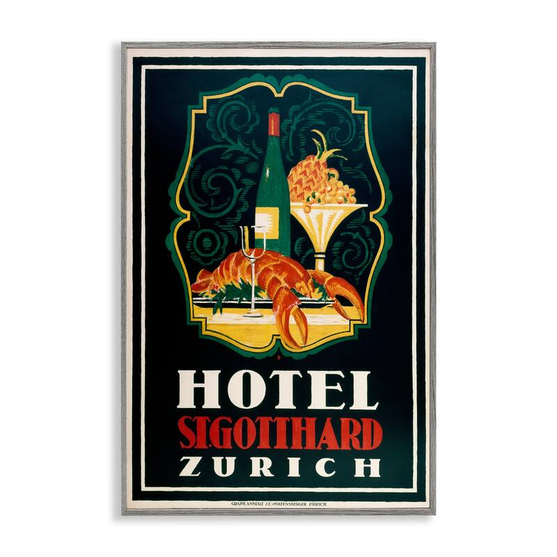 Stupell Vintage Hotel Zurich with Lobster Framed Giclee Art Design By Marcus Jules - 20 x 30 - Grey